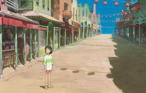 Picture road, street, girl, signs, lanterns, art, spirited away, spirited away, stores, blue sky, chihiro, deserted …