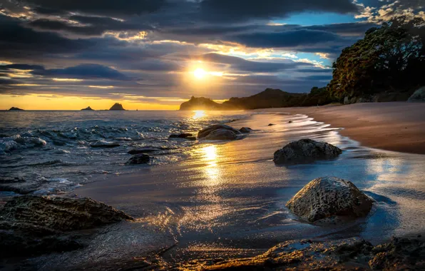 Picture sand, sea, beach, the sky, the sun, clouds, trees, sunset, stones, coast, New Zealand, Tasman