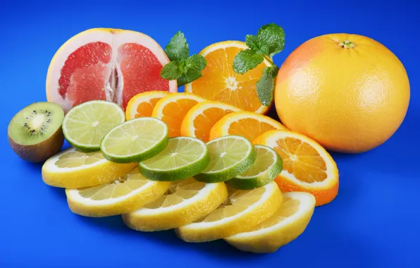 Picture blue, background, lemon, orange, kiwi, lime, fruit, slices, grapefruit