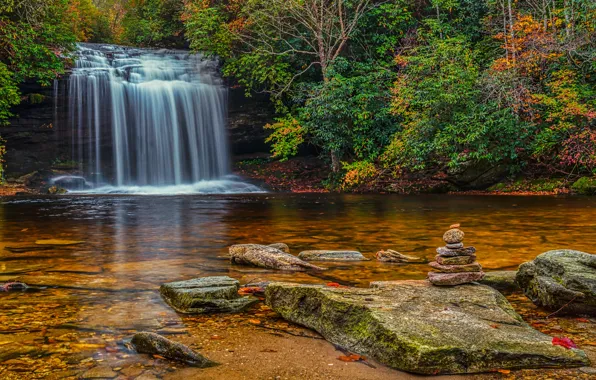 Picture autumn, forest, trees, stream, stones, waterfall, USA, Waterfalls, Panthertown Valley