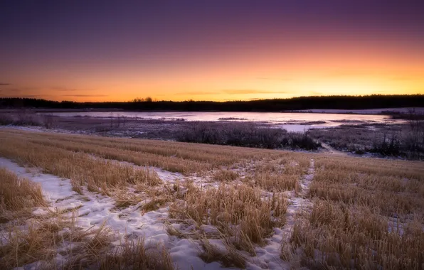 Picture field, autumn, snow, sunset