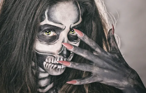 Picture eyes, girl, face, style, hair, skull, hand, makeup, skeleton, fingers, manicure