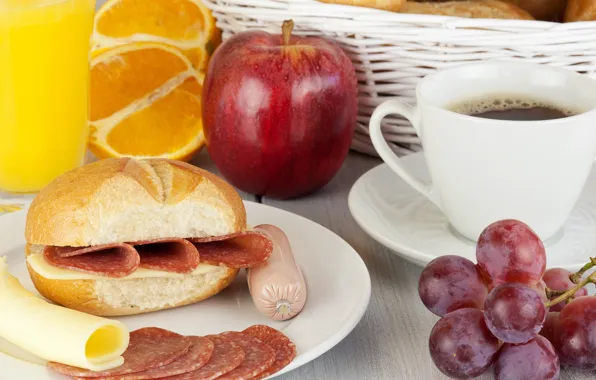 Picture coffee, Apple, orange, cheese, grapes, Cup, fruit, sandwich, sausage, grapes, coffee, apples, sausage, buns