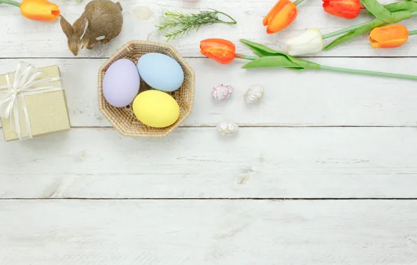 Picture flowers, eggs, spring, colorful, Easter, tulips, wood, flowers, tulips, spring, Easter, eggs, decoration, Happy