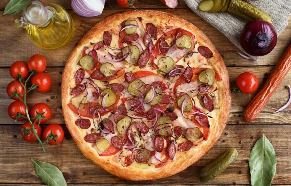 Picture oil, cucumber, bow, pizza, tomato, sausage