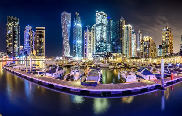 Picture Bay, yachts, Bay, Dubai, night city, Dubai, skyscrapers, UAE, UAE, Dubai Marina, Dubai Marina