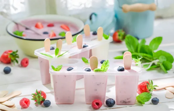 Picture berries, raspberry, blueberries, strawberry, ice cream, mint, dessert, sweet