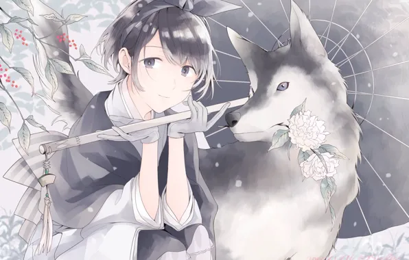 Picture girl, flowers, wolf, umbrella