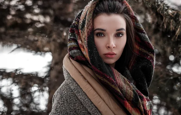 Picture winter, look, girl, snow, portrait, scarf, photographer, shawl, Model, bokeh, Andrey Vechkenzin, Regina Gumerova