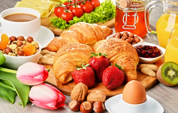 Picture berries, coffee, strawberry, Goodies, croissant, cuts