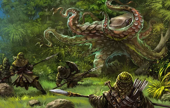 Picture forest, attack, monster, warriors, Gamedev illustration