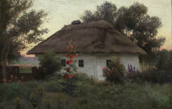 Picture flowers, house, oil, Canvas, Efim VOLKOV, Ukrainian landscape with a hut