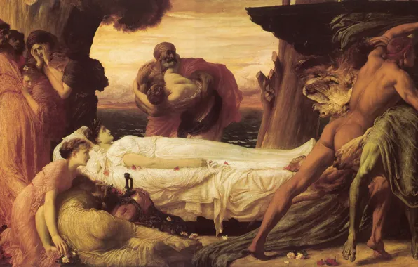 Picture woman, dead, man, Hercules, Frederic Leighton
