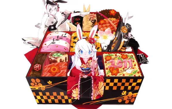 Picture box, kimono, blue eyes, ears, lunch, snacks, Bento, ben-to, rabbit girl