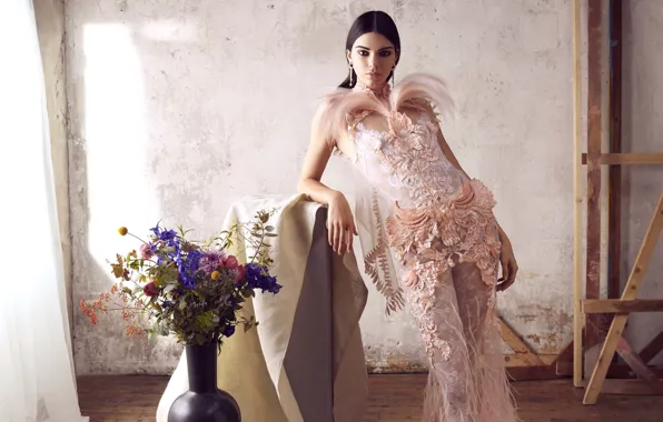 Picture flowers, pose, style, model, bouquet, dress, brunette, Kendall Jenner