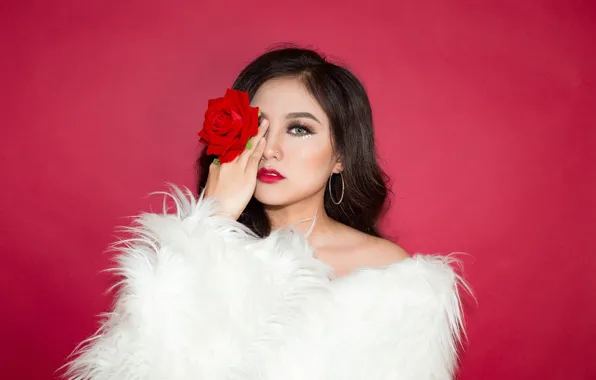 Picture flower, look, girl, face, style, background, rose, hand, makeup, fur
