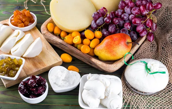 Picture cheese, grapes, fruit, pear, cuts, dried fruits, kumquat