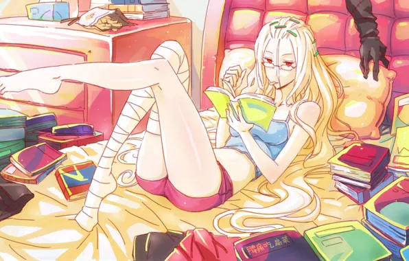 Picture girl, room, feet, shorts, books, hand, red eyes, a lot, mess, chips, lying on the …