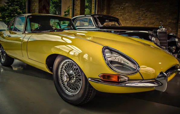 Picture yellow, sports car, Jaguar E-Type, the dealership