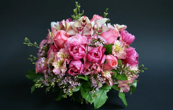 Picture roses, bouquet, tulips, orchids, beautiful, Roses, Tulips, Alstroemeria