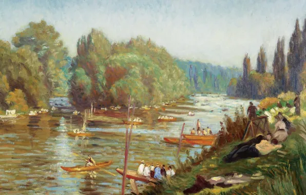 Picture landscape, river, picture, boats, The banks of the Marne at La Varena, Emile Bernard, Emile …