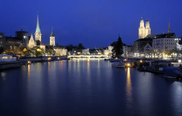 Picture the city, river, the evening, Switzerland, Zurich