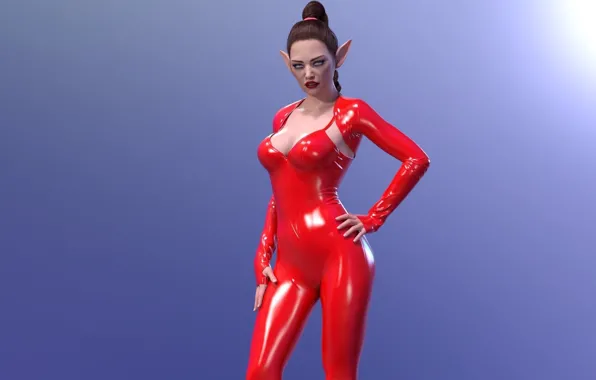Picture girl, elf, red latex