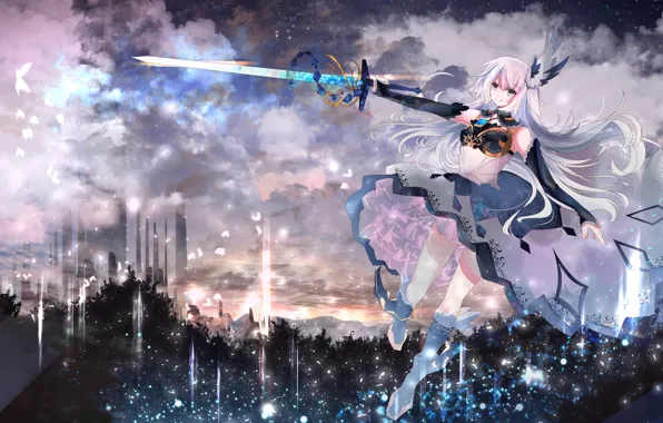 Picture girl, clouds, sword, anime, tagme (artist)