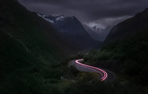 Picture road, mountains, clouds, lights, the evening, excerpt