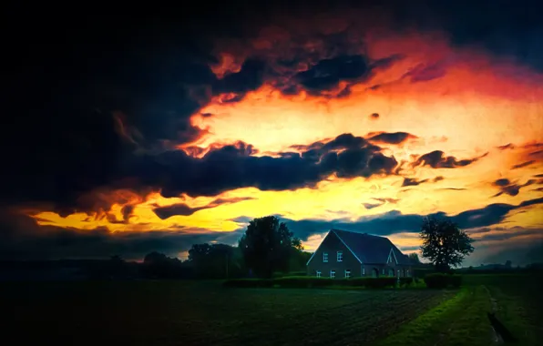 Picture clouds, house, Germany, glow