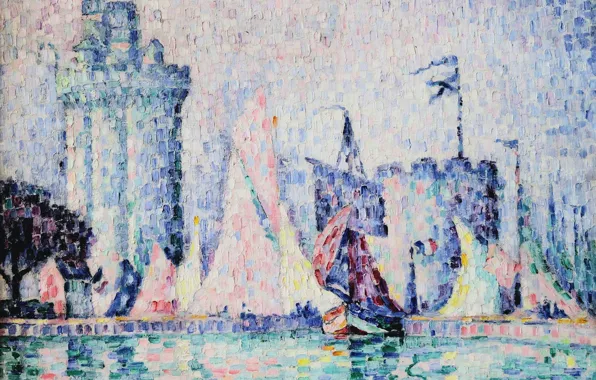 Picture boat, tower, picture, sail, Paul Signac, pointillism, The Port Of La Rochelle