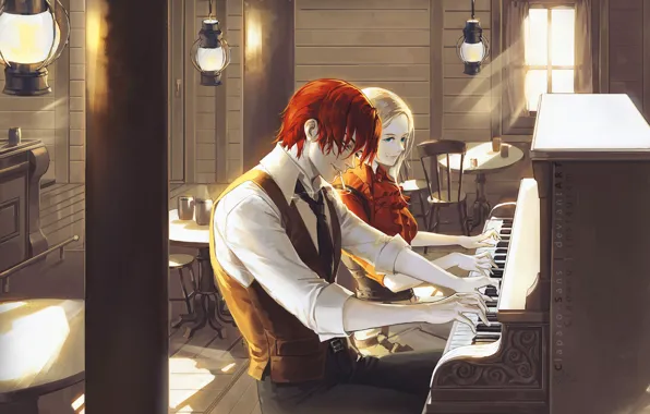 Picture girl, music, guy, piano, handsome