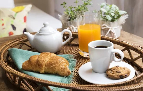 Picture coffee, Breakfast, cookies, juice, Cup, breakfast, croissant