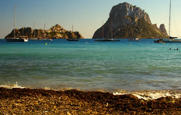Picture sea, the sun, rocks, shore, yachts, Spain, Ibiza