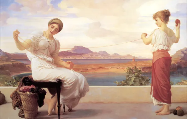 Picture mountains, tangle, river, thread, daughter, mother, Frederic Leighton, Neoclassicism, Winding the Skein big, sentimental details