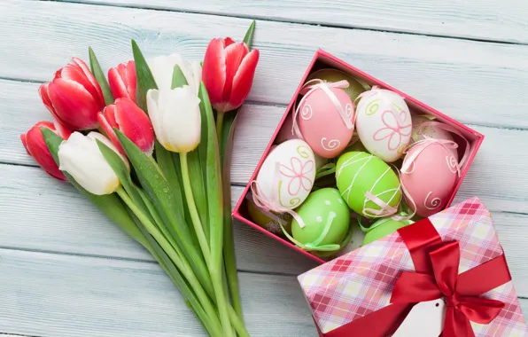 Picture flowers, Easter, tulips, happy, pink, flowers, tulips, spring, Easter, eggs, decoration, the painted eggs