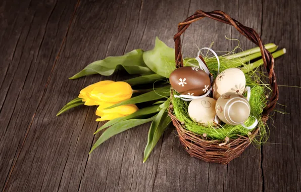 Picture Easter, tulips, basket, wood, tulips, spring, Easter, eggs, decoration, Happy
