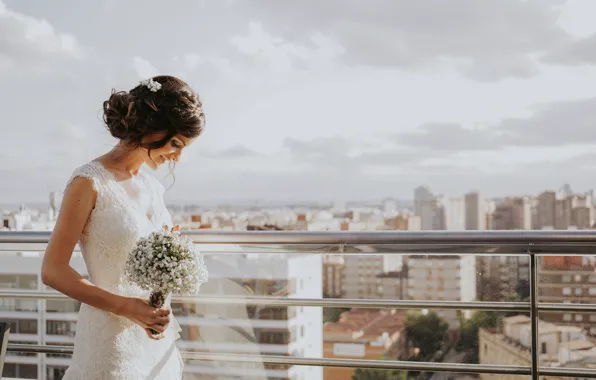Picture the sky, girl, clouds, bouquet, brunette, hairstyle, balcony, the bride
