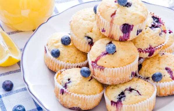 Picture lemon, food, blueberries, juice, sweet, cupcakes