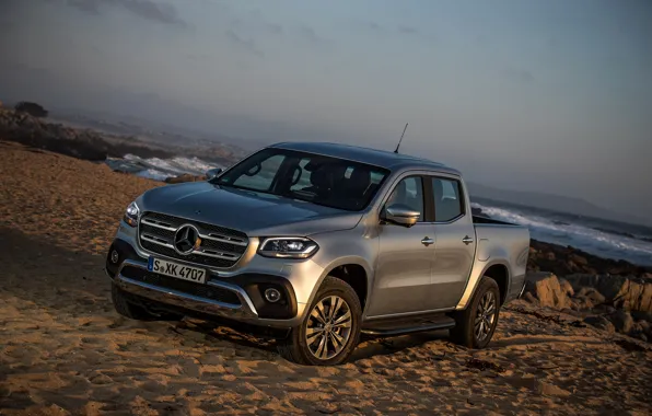 Picture sand, sea, wave, beach, water, grey, Mercedes-Benz, silver, pickup, 2017, X-Class