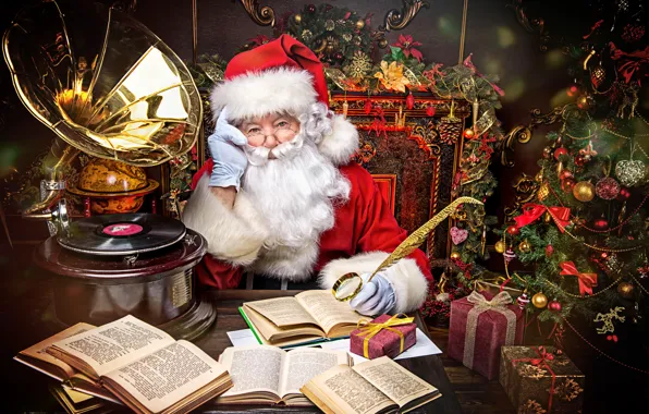 Picture decoration, toys, books, gifts, tree, Santa Claus, gramophone
