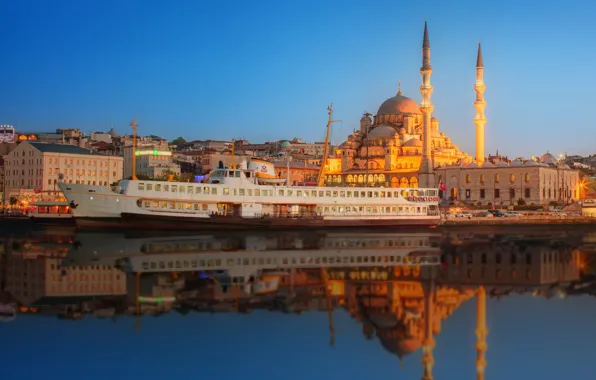 Picture water, sunset, reflection, river, ship, home, lights, tower, mosque, promenade, Istanbul, Turkey, Palace