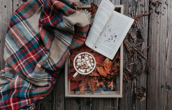 Picture autumn, Cup, book, plaid, cocoa, marshmallows
