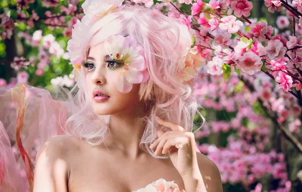 Picture girl, branches, style, makeup, Sakura, Asian, flowering, pink hair