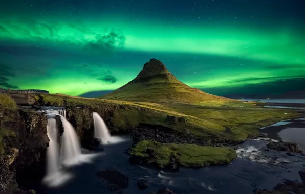 Picture the sky, night, mountain, Northern lights, waterfalls