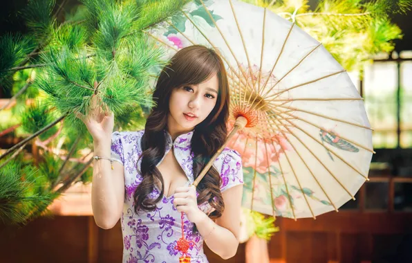 Picture girl, umbrella, dress, Asian