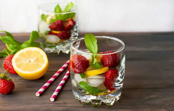 Picture ice, lemon, strawberry, glasses, drink, mint, drink