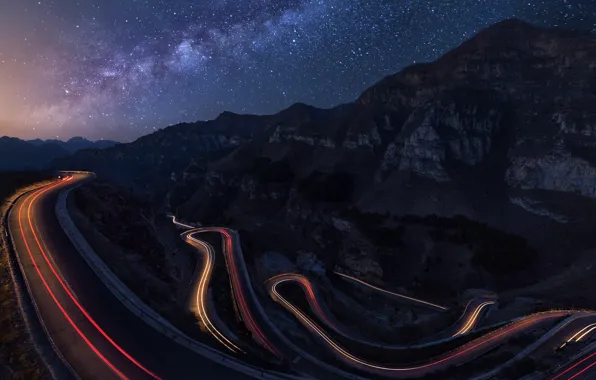 Picture road, the sky, stars, light, mountains, night, excerpt