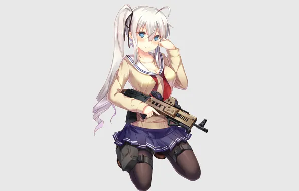 Picture girl, weapons, anime, art, grey background