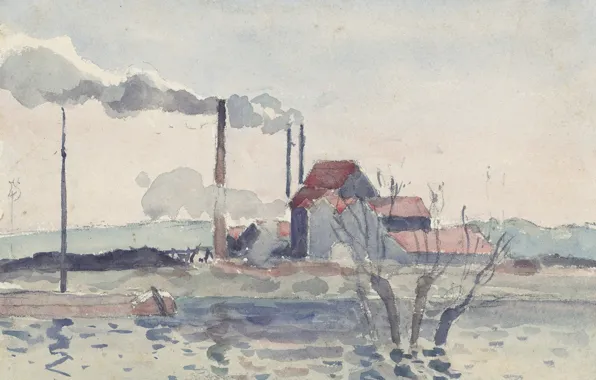 Picture figure, watercolor, Camille Pissarro, Factory on the River Oise in PONTOISE